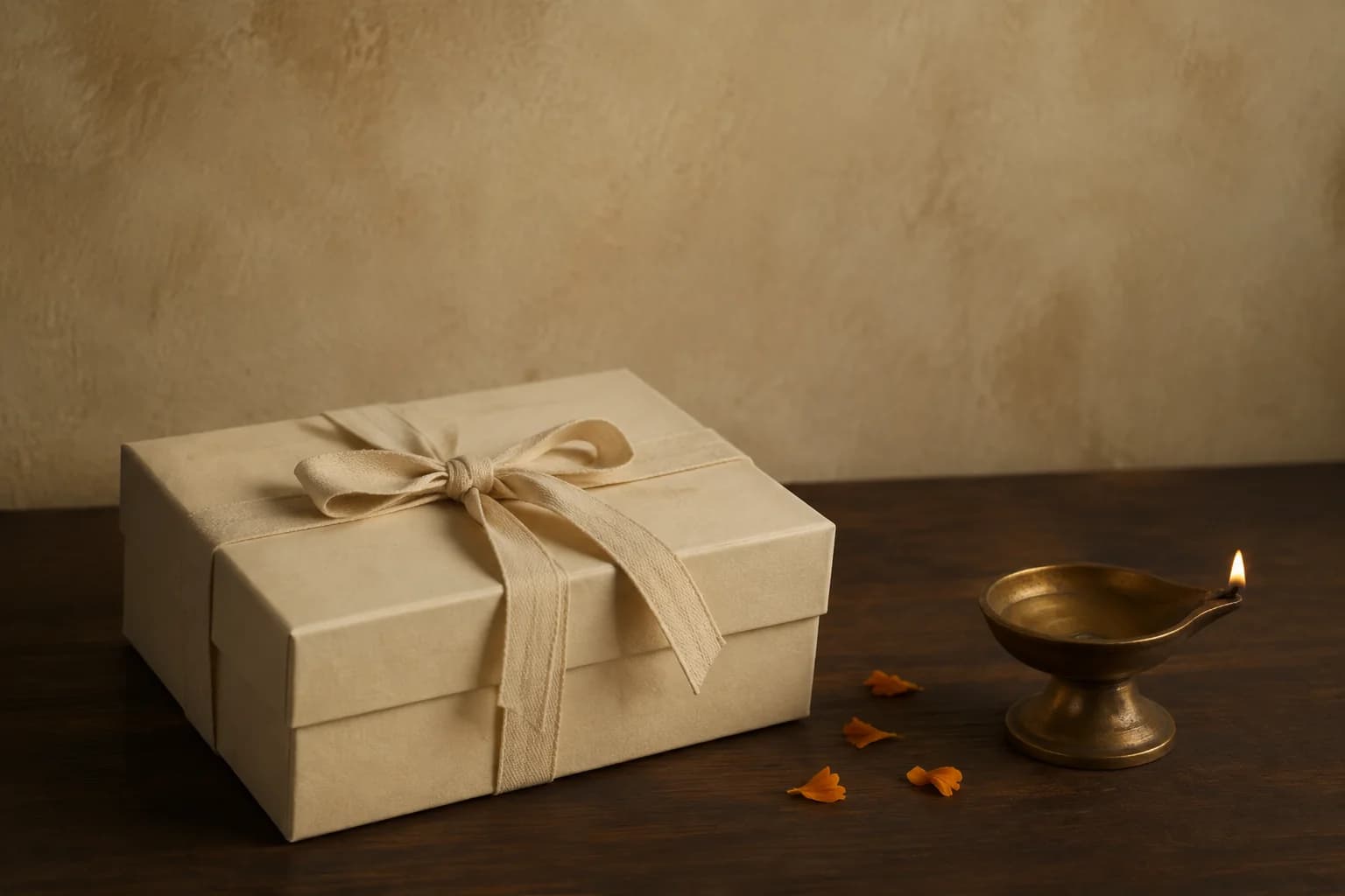 A closed gift box and bronze oil lamp arranged in a softly lit setting
