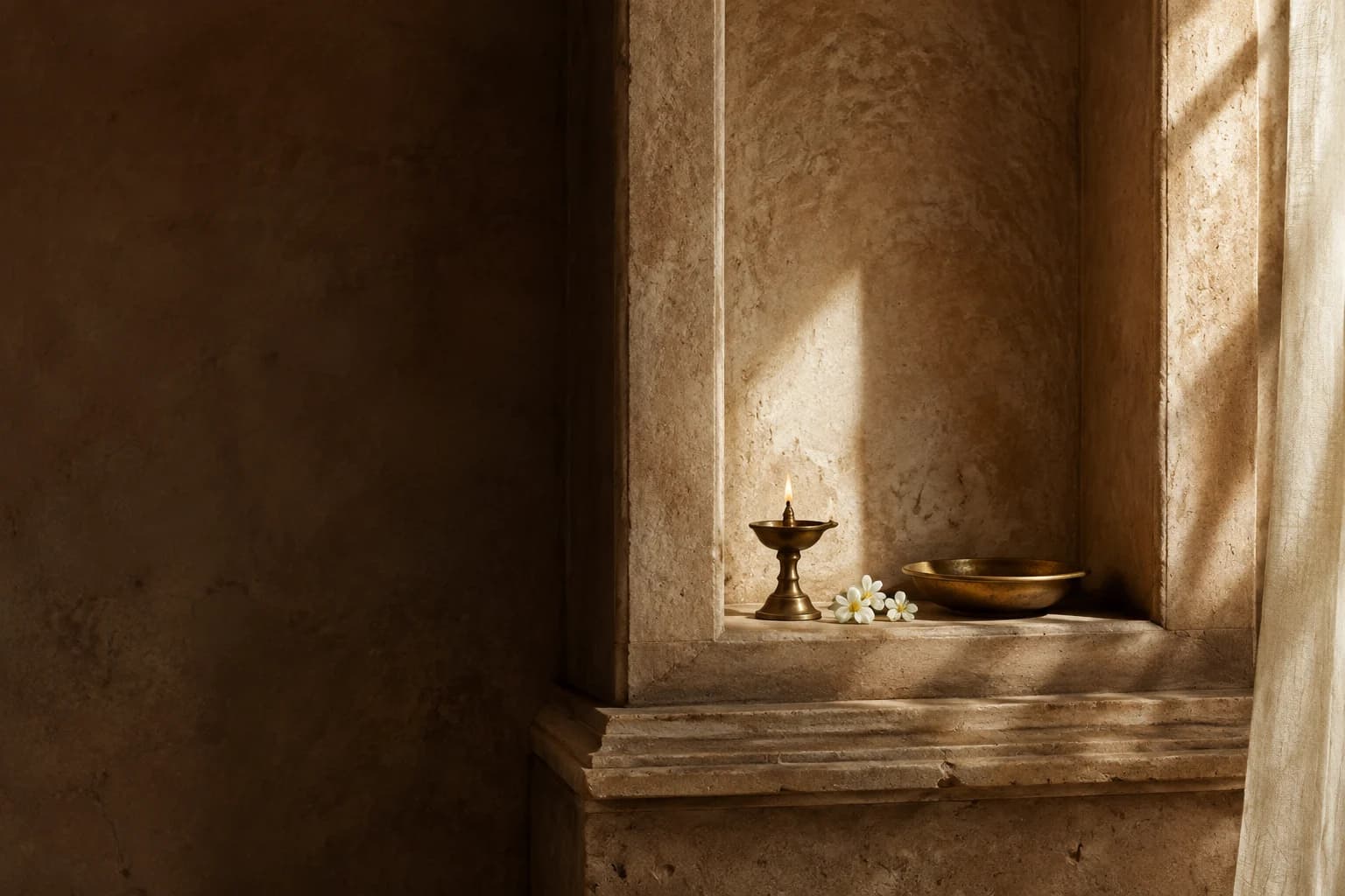 Imagined home-mandir setting with a bronze lamp, warm limestone and afternoon light.