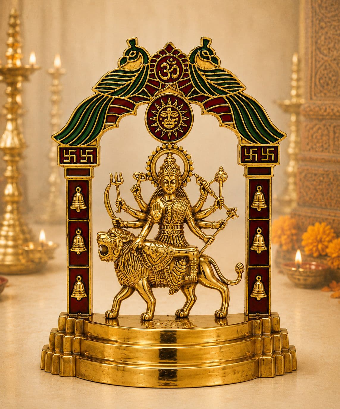 Durga Mata Metal Idol with Peacock Arch