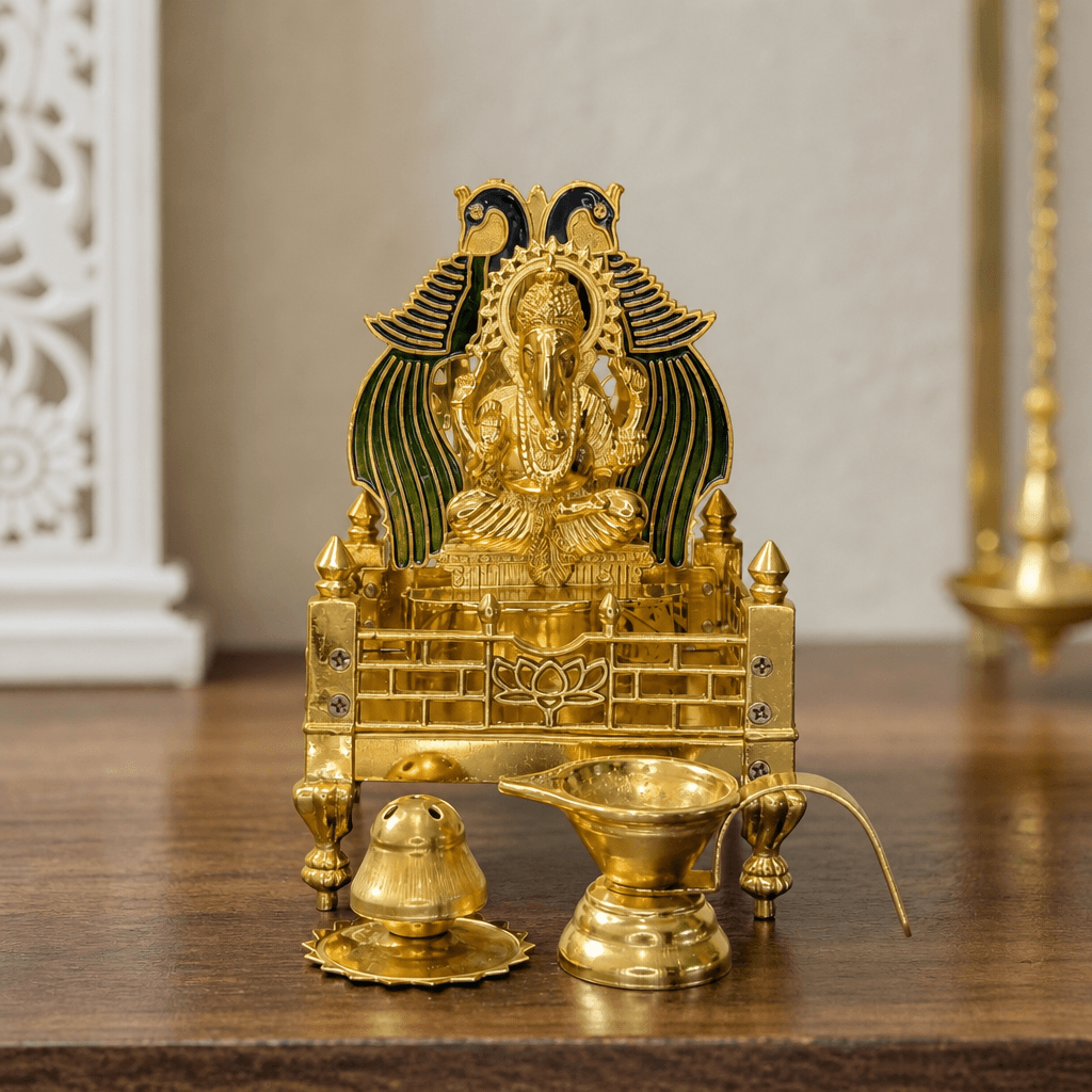 Ganesh Ji Idol with Singhasan Pooja Set - 4 Components 16 cm